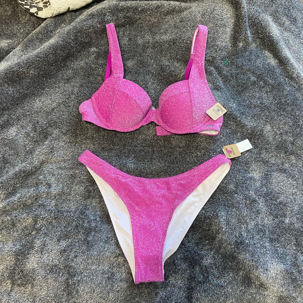Pink, hot pink sparkly push up bikini